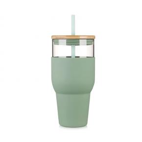32oz Glass Tumbler with Straw and Lid, Reusable Boba Smoothie Cup Iced Coffee Tumbler with Silicone Sleeve, Fits Cup Holder Glass
